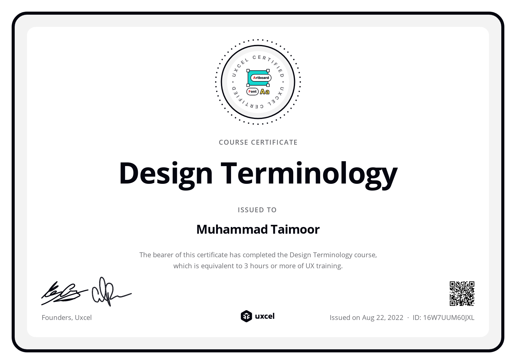 Muhammad Taimoor's certificate